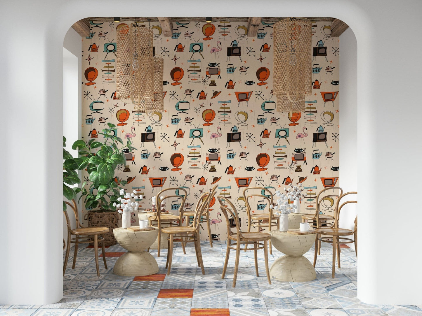 Beige Kitsch Living wall mural featuring retro furniture.