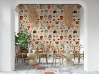 Beige Kitsch Living wall mural featuring retro furniture.