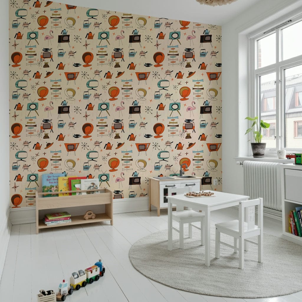 Atomic Retro Living Kitsch Beige wallpaper fun icons.