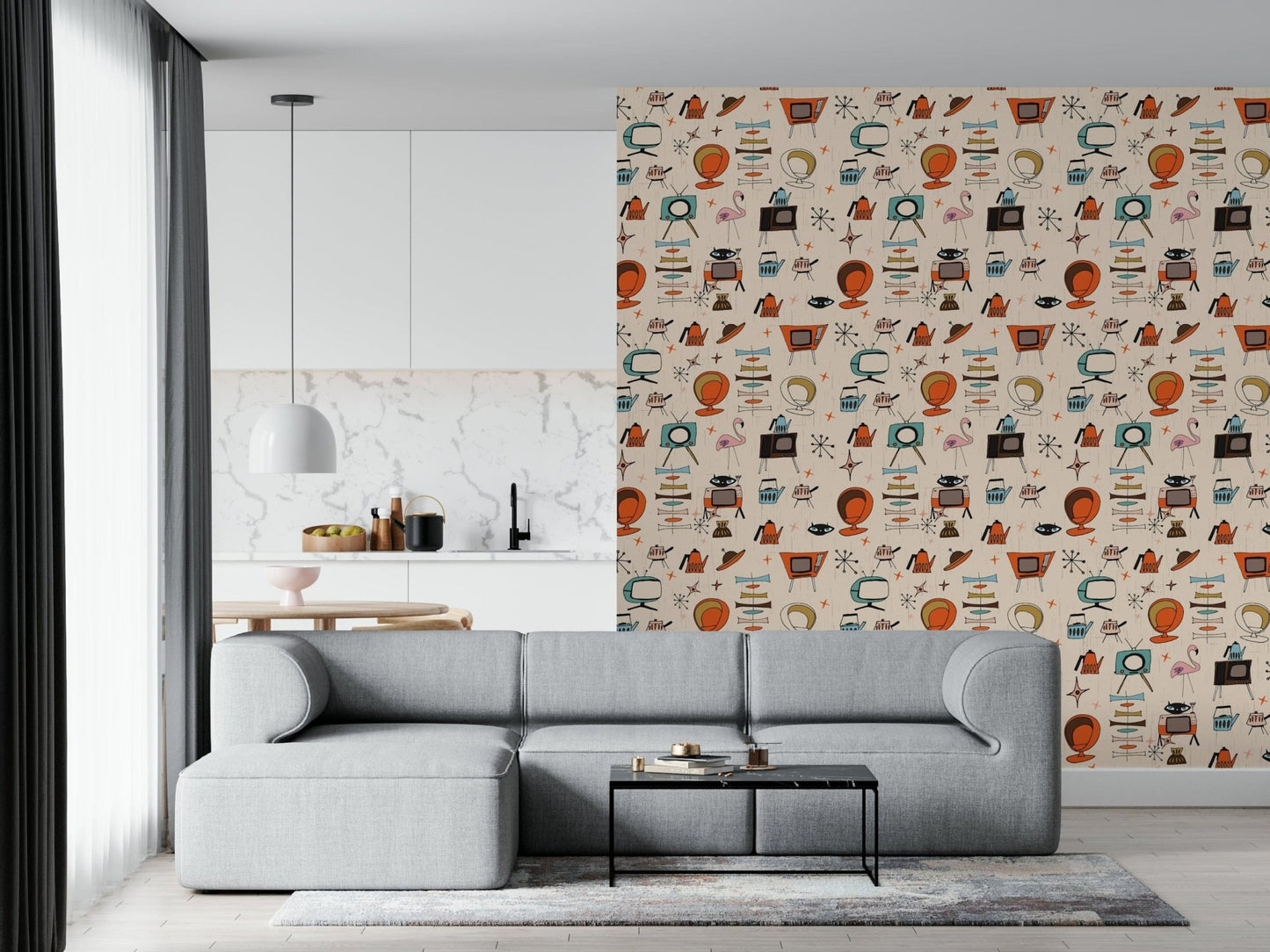 Beige Kitsch Retro Living mural accent wall covering idea.