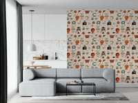 Beige Kitsch Retro Living mural accent wall covering idea.