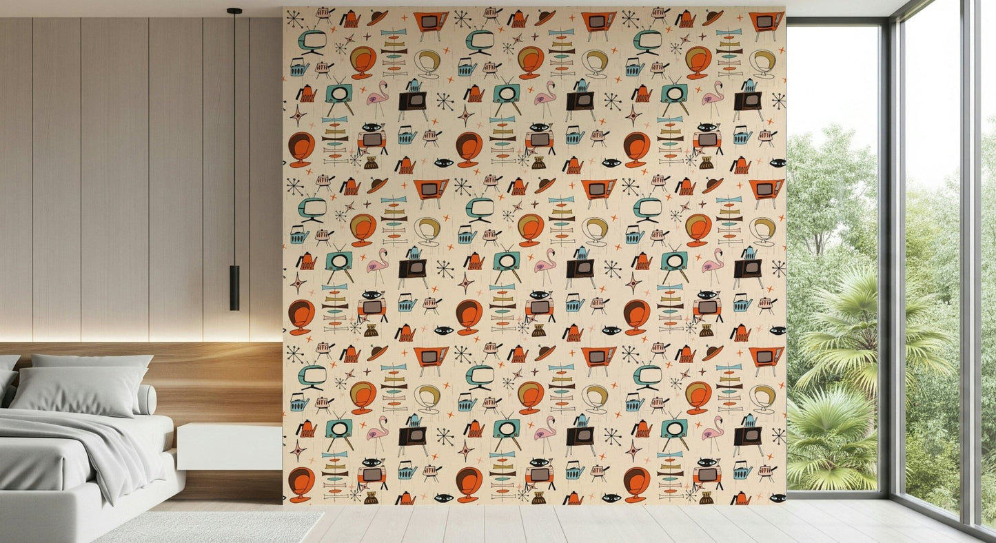 Retro Kitsch Beige wall mural with quirky cartoon elements.