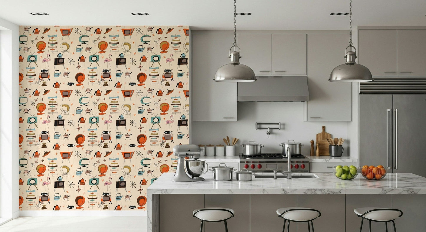 Colorful Atomic Retro Living wallpaper bold playful style.