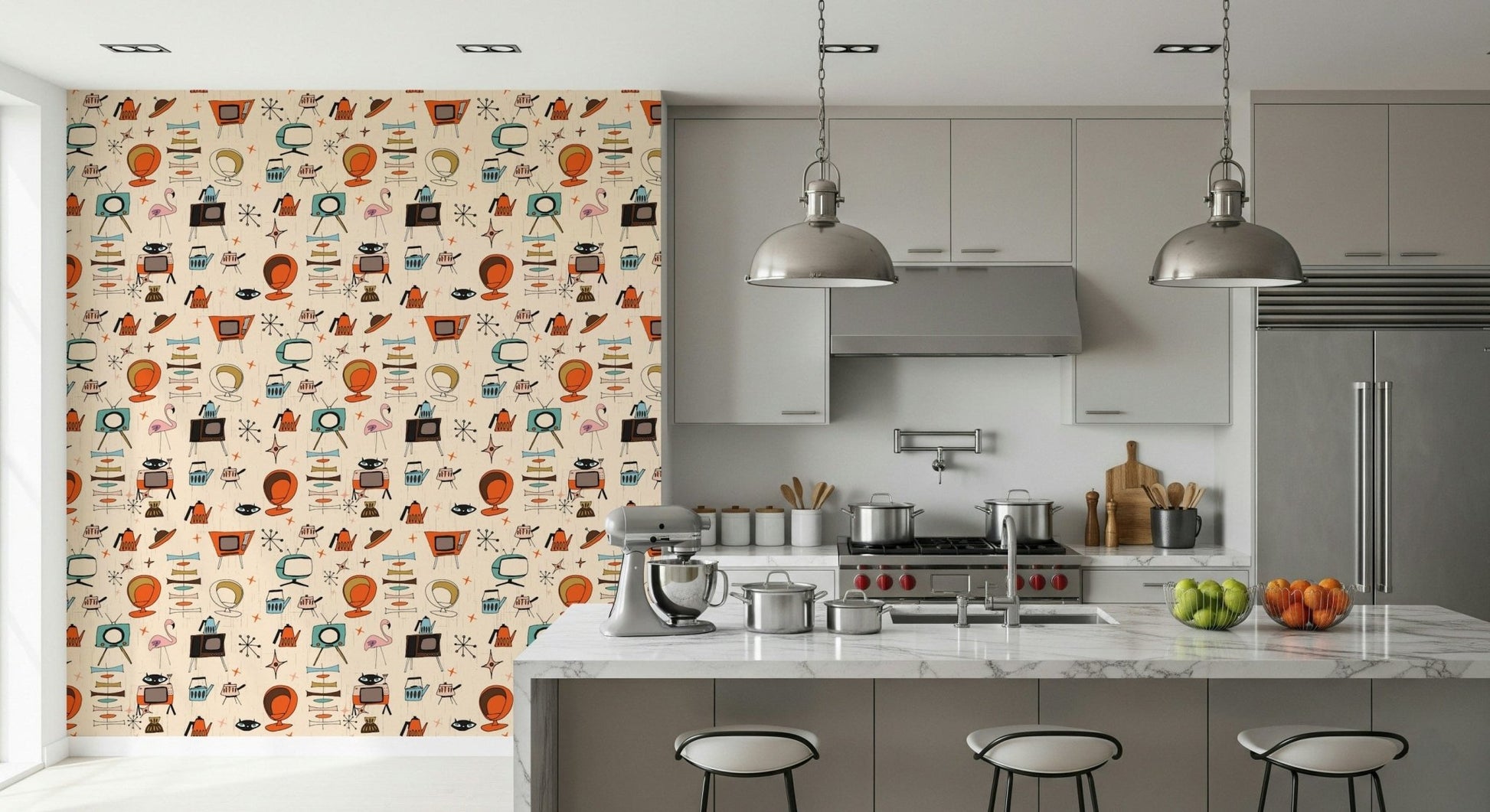 Colorful Atomic Retro Living wallpaper bold playful style.