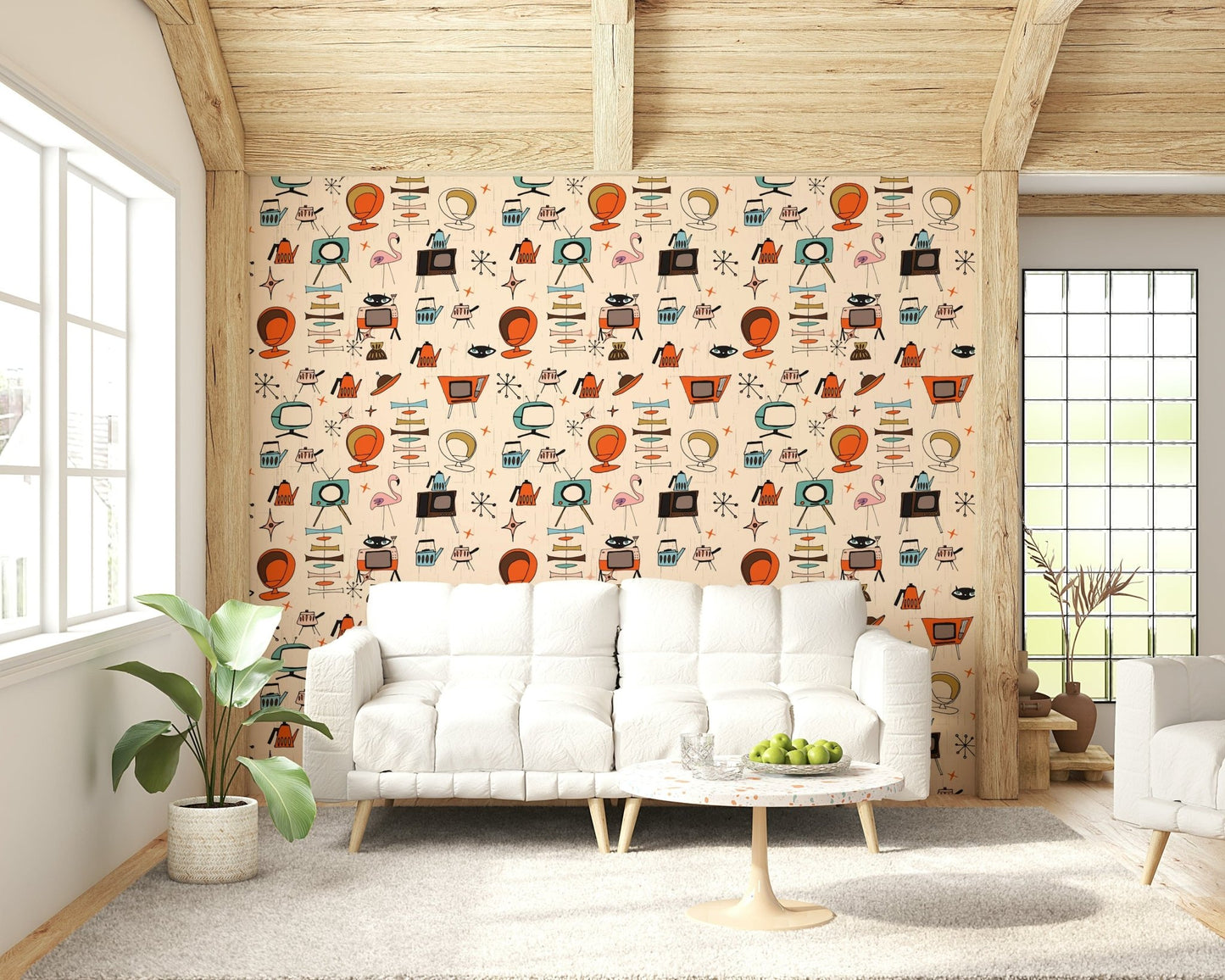 Wall covering Retro Kitsch Beige mural eclectic objects.