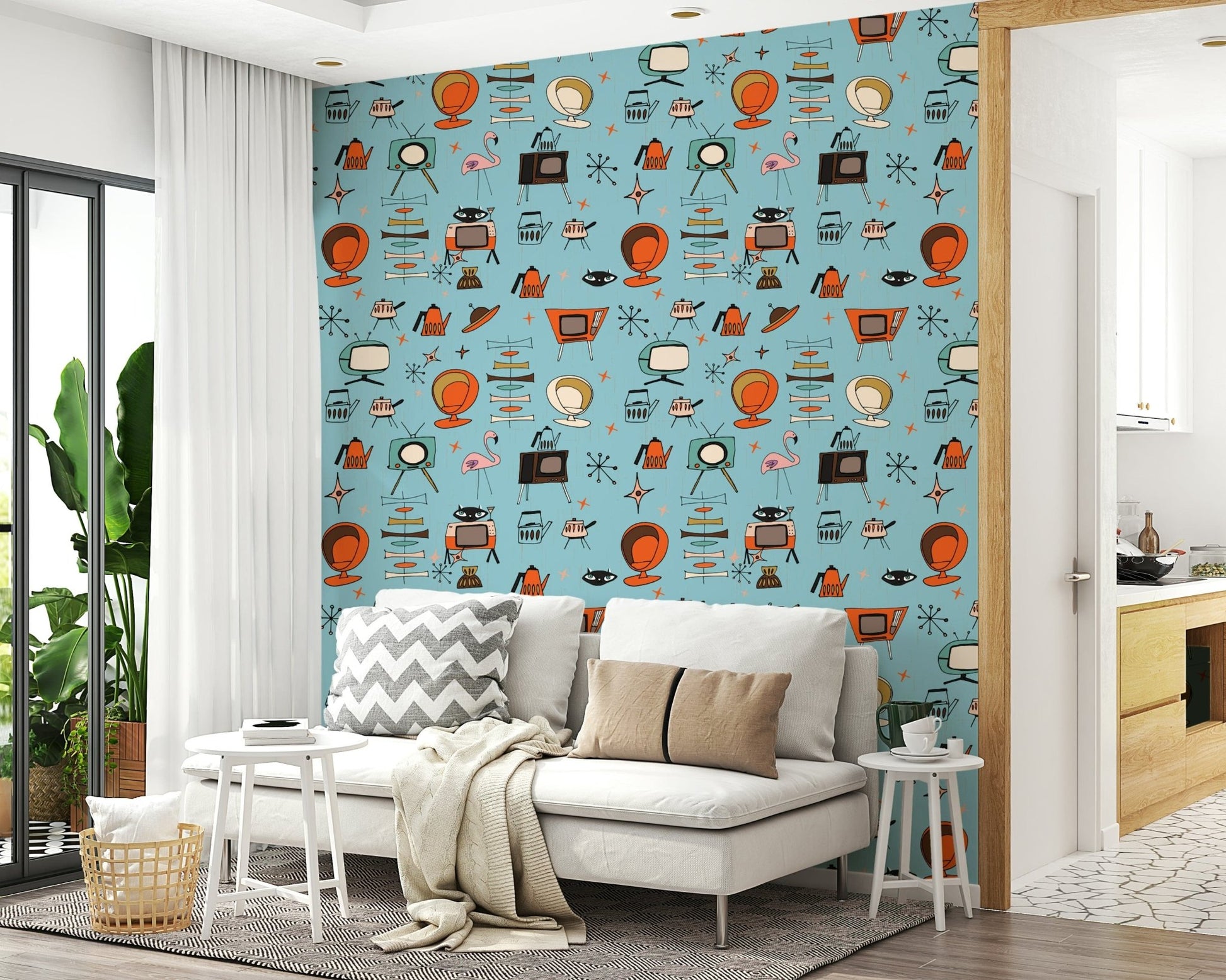 Atomic Kitsch Blue wall mural, iconic retro pop art style pattern.