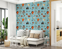 Atomic Kitsch Blue wall mural, iconic retro pop art style pattern.