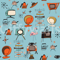 Delightful Retro Living Blue wall mural with optimistic atomic starbursts.