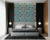 Bold Retro Living Blue mural, a kitschy pattern of fabulous home decor.
