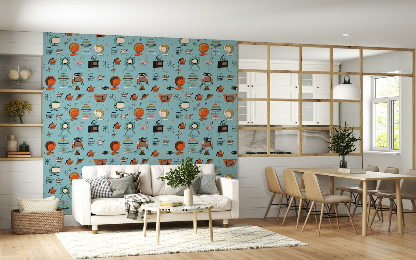 Atomic Retro Kitsch Blue wallpaper, zany design for a nostalgic interior.