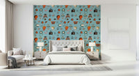 Groovy Atomic Kitsch Blue wall mural with vintage televisions and a pink flamingo.