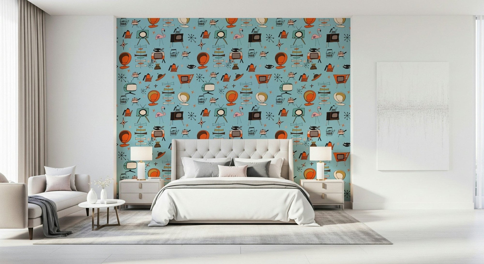 Groovy Atomic Kitsch Blue wall mural with vintage televisions and a pink flamingo., GD6881