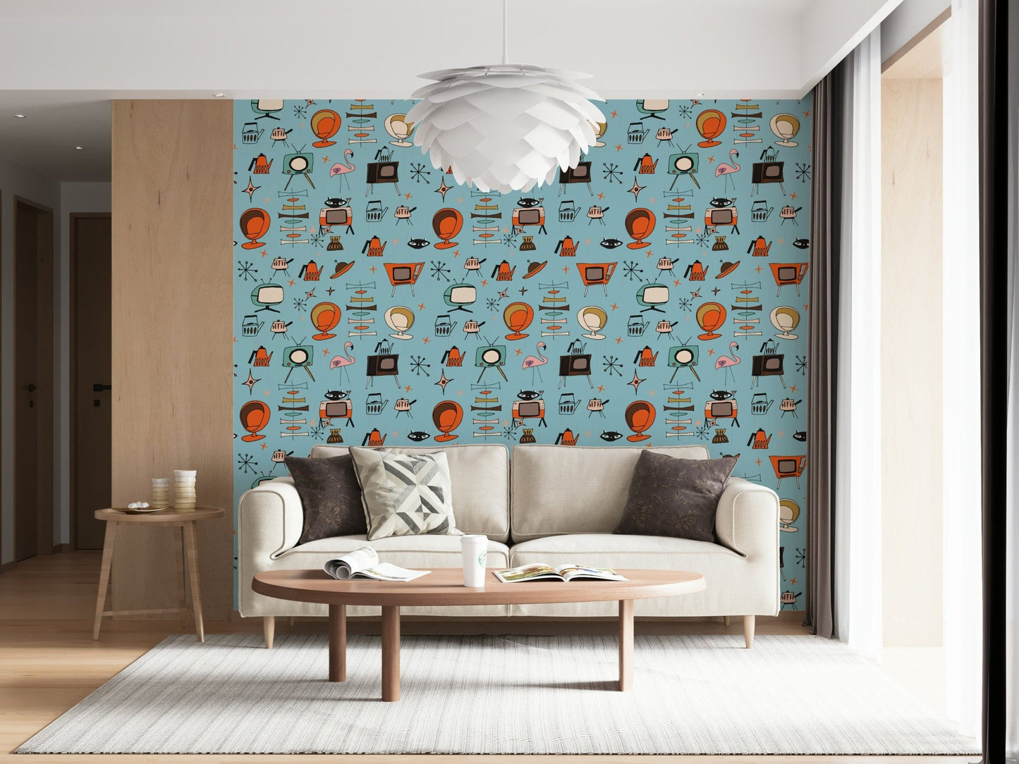 Whimsical Atomic Retro Living Blue wallpaper with sixties inspired household items.