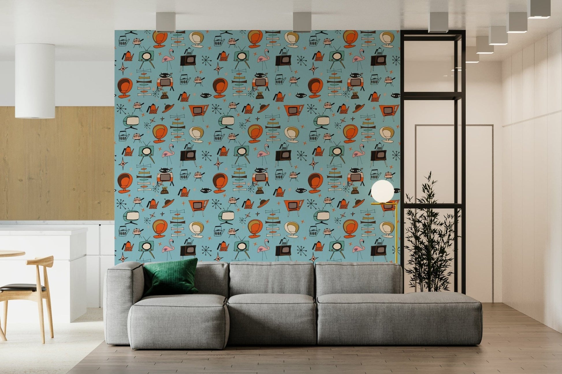 Quirky Atomic Kitsch Blue wallpaper, an eclectic pattern for walls.