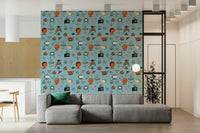 Quirky Atomic Kitsch Blue wallpaper, an eclectic pattern for walls.
