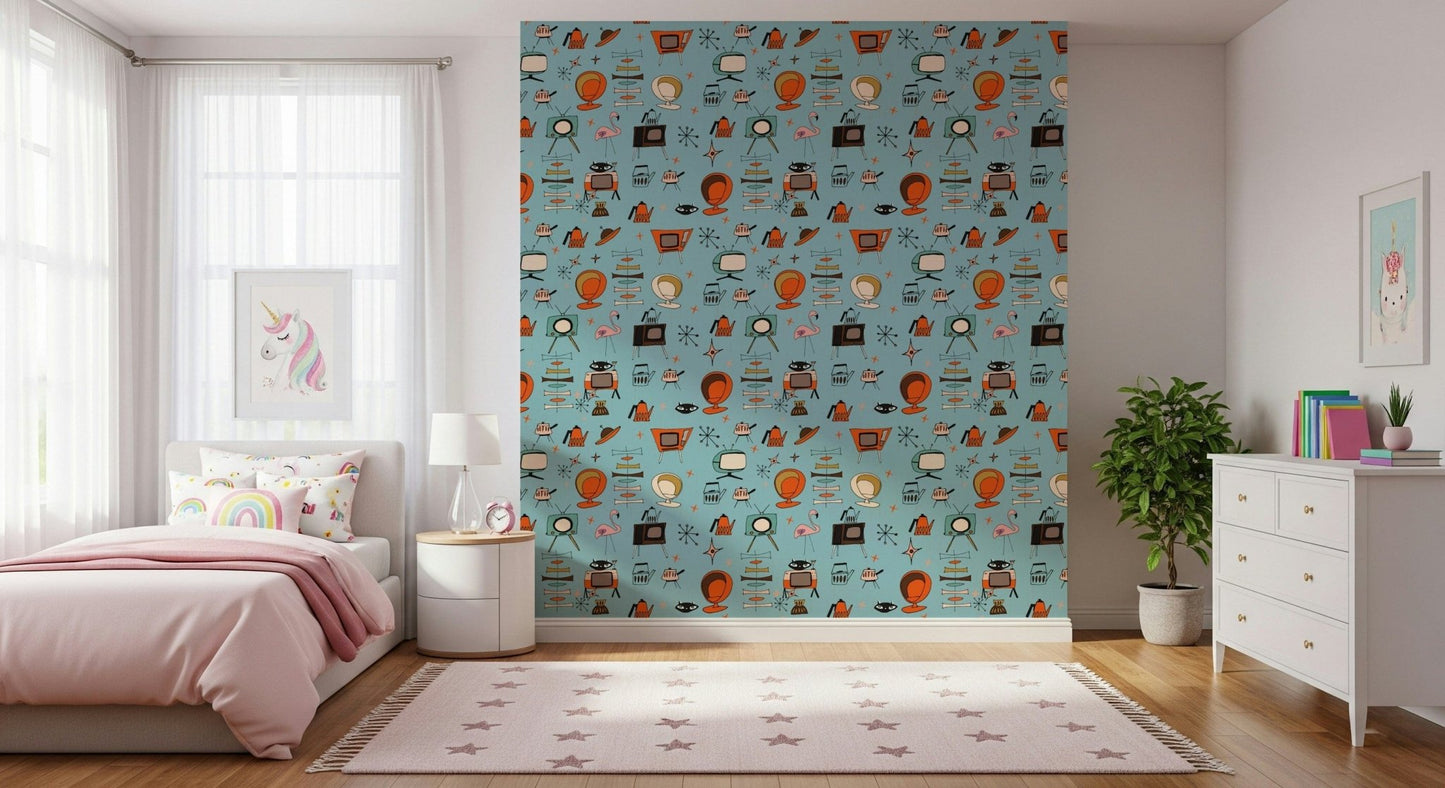 Jazzy Atomic Living Kitsch Blue wallpaper depicting cartoon felines on TVs.