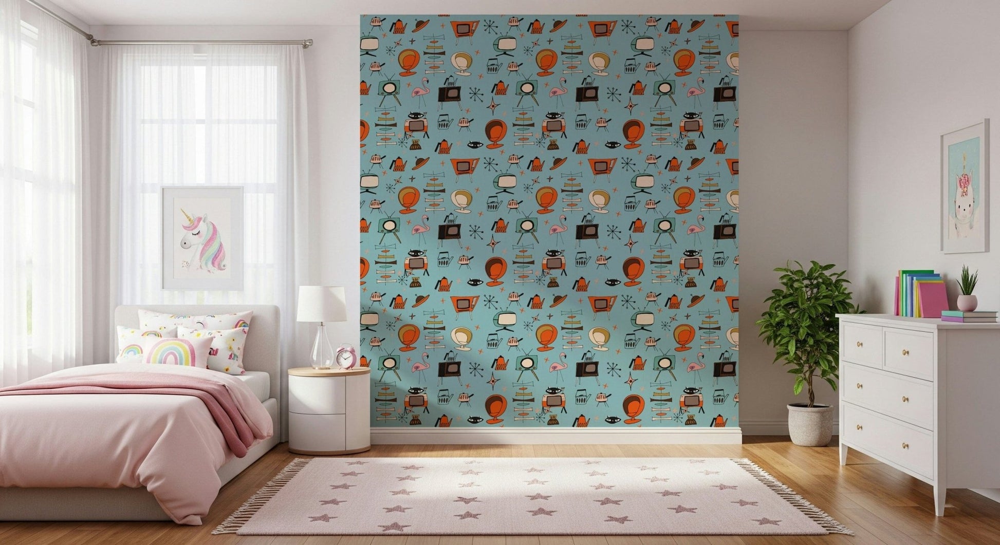 Jazzy Atomic Living Kitsch Blue wallpaper depicting cartoon felines on TVs.