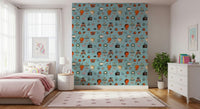 Jazzy Atomic Living Kitsch Blue wallpaper depicting cartoon felines on TVs.
