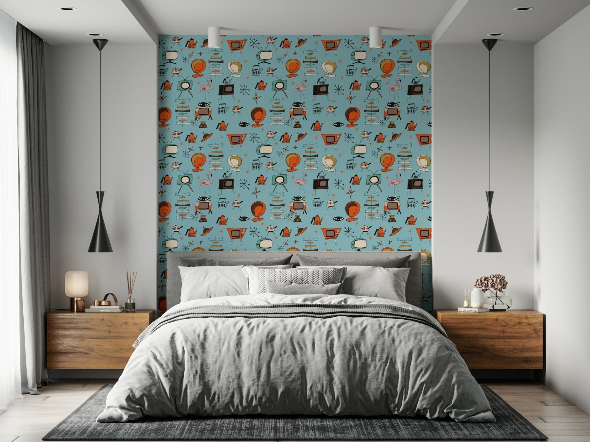 Atomic Retro Living Blue mural, vibrant pattern of space-age kettles and TVs.