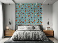 Atomic Retro Living Blue mural, vibrant pattern of space-age kettles and TVs.