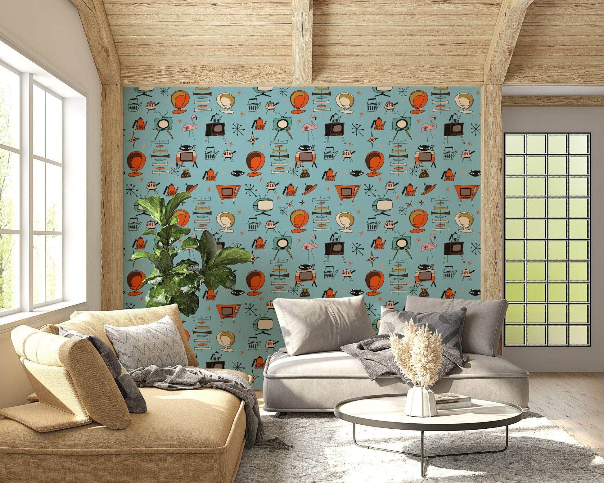 Stylish Retro Living Blue wallpaper showcasing mod chairs and abstract stars.