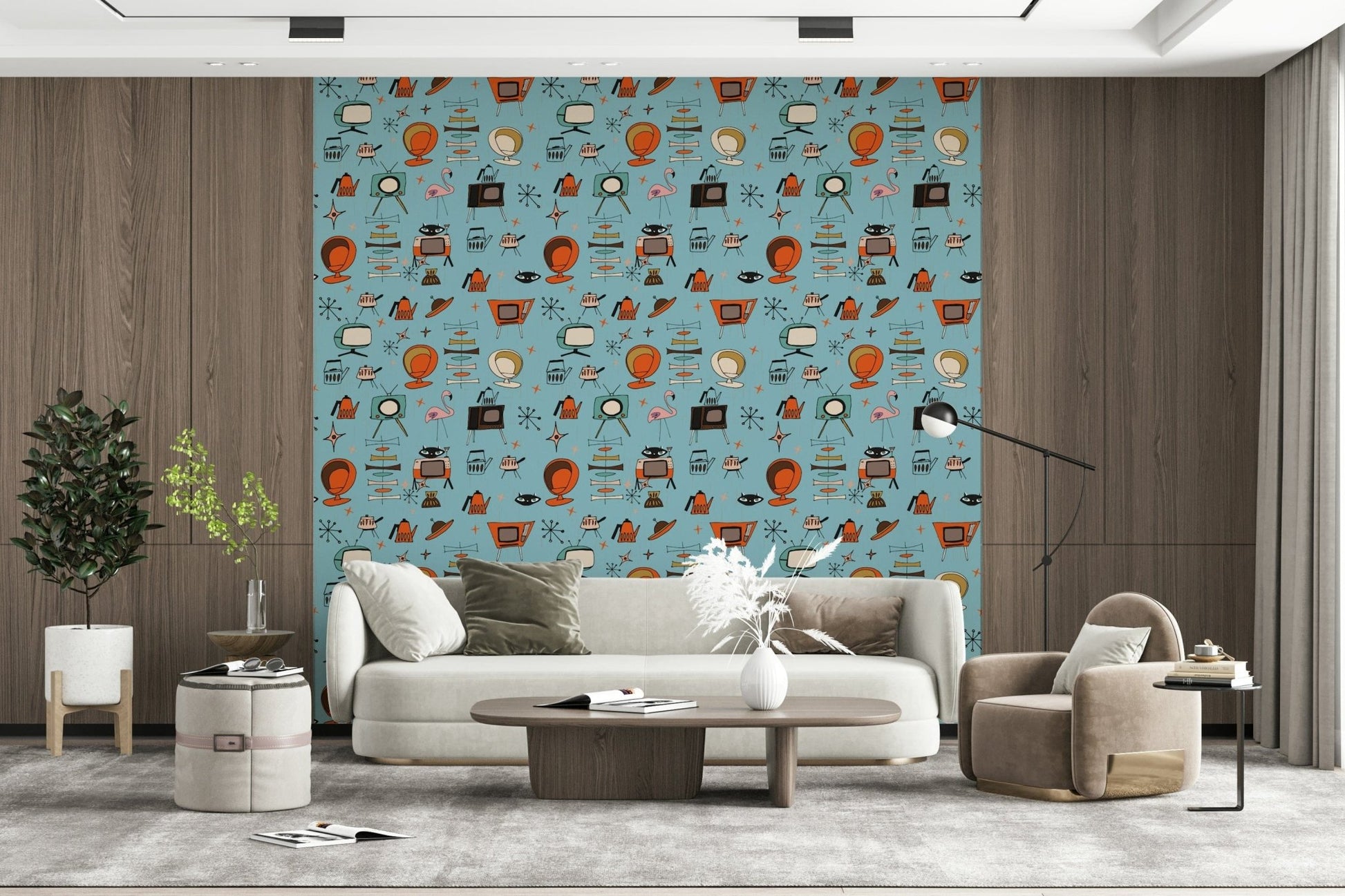 Retro Living Kitsch Blue mural, playful design with funky furniture graphics.