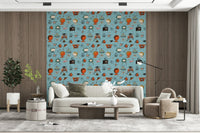 Retro Living Kitsch Blue mural, playful design with funky furniture graphics.