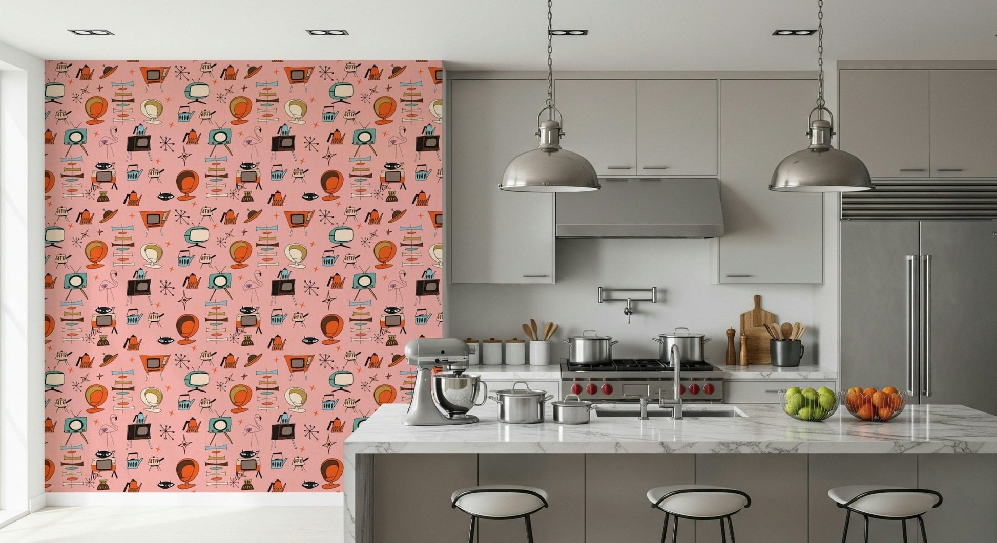 Atomic Kitsch Pink wall mural, iconic retro graphic of home items.