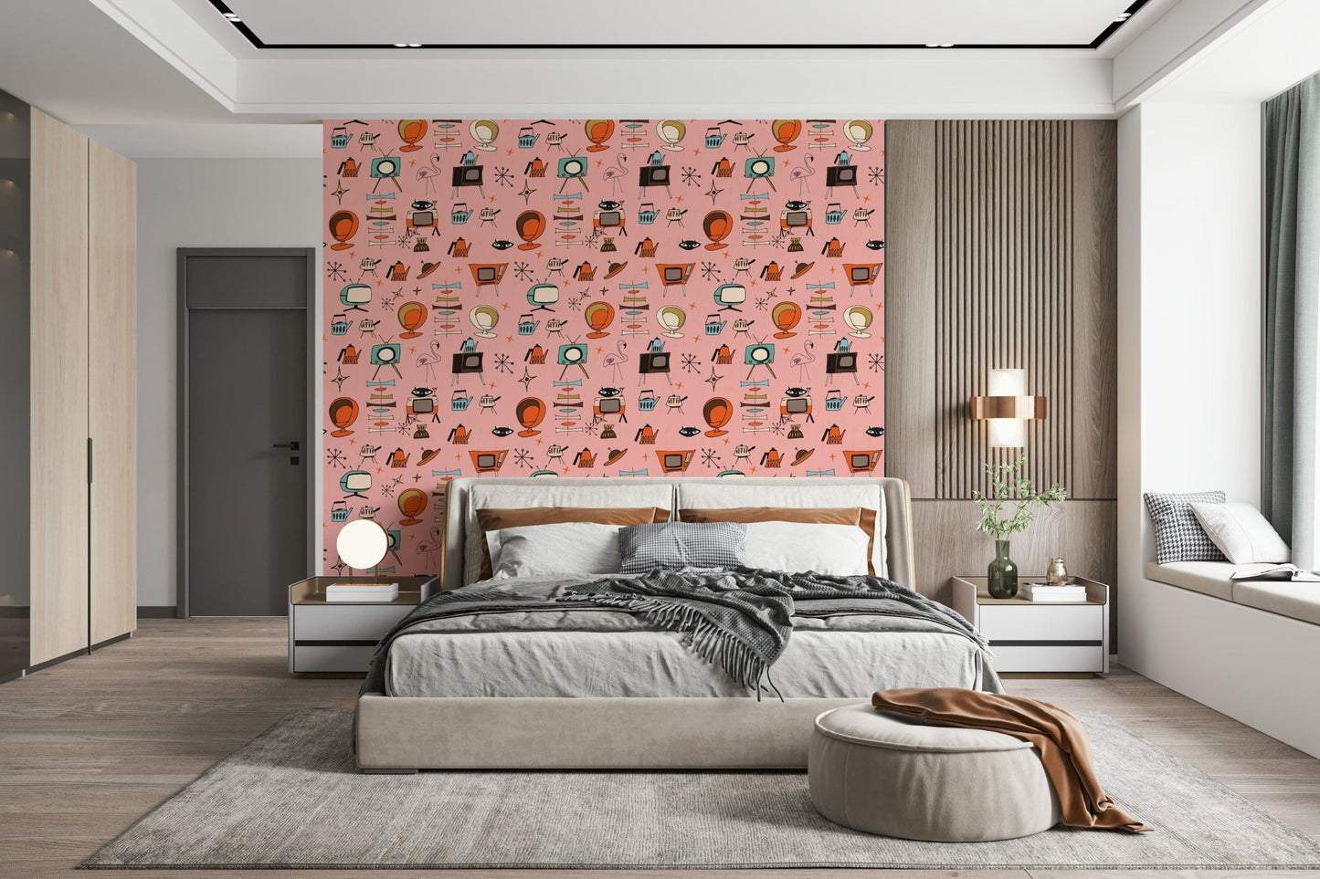 Dazzling Atomic Kitsch Pink wallpaper, creative pattern featuring a cat.