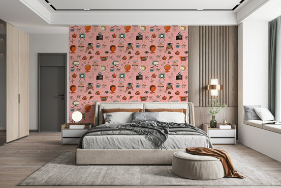 Dazzling Atomic Kitsch Pink wallpaper, creative pattern featuring a cat., GD6880