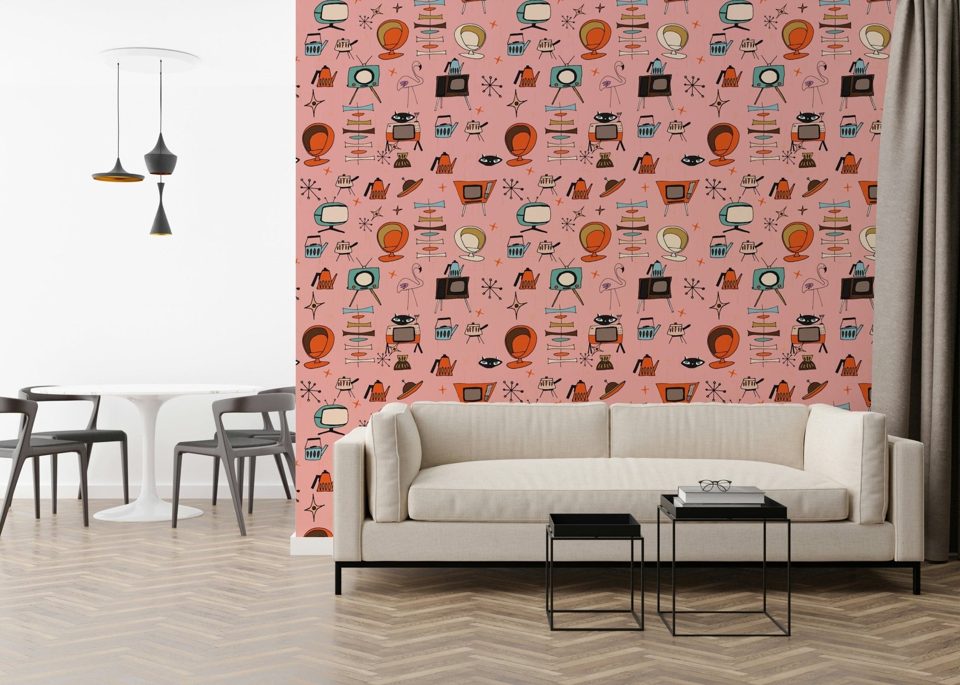 Atomic Retro Kitsch Pink wallpaper, modish design with abstract starbursts.