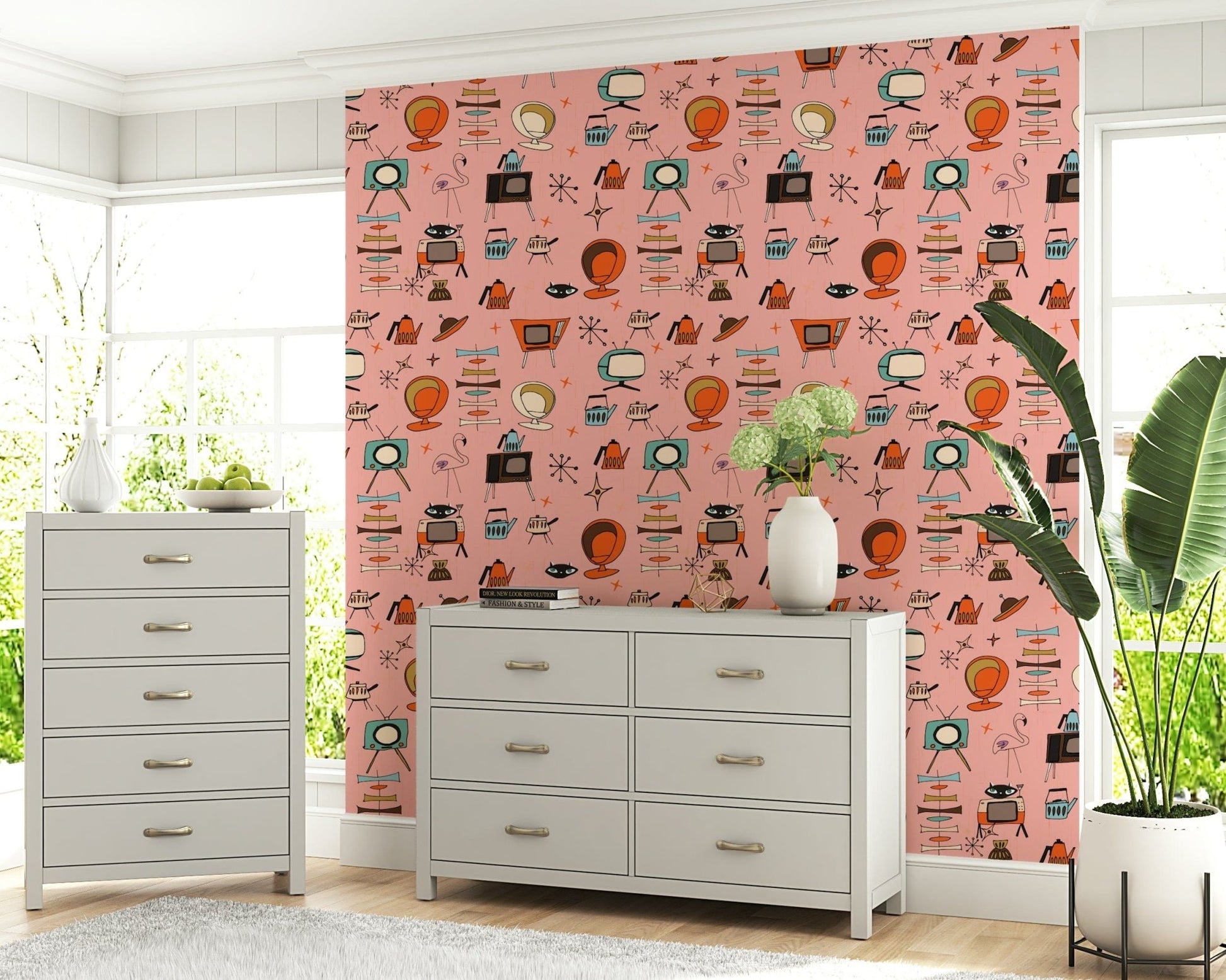 Bright Retro Living Pink mural, a sweet mid-century pattern of deco.