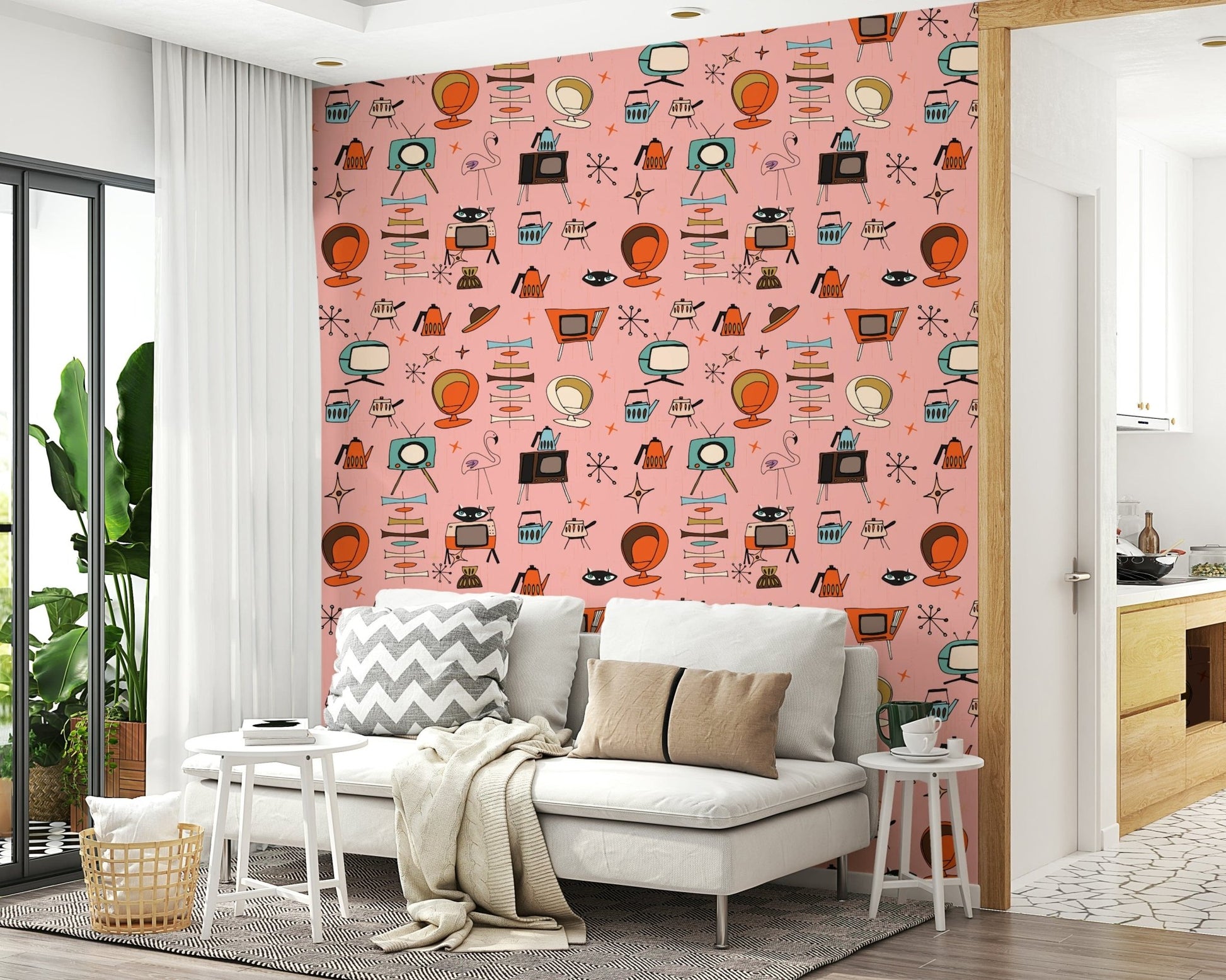 Retro Kitsch Pink mural, eye-catching pink background home scene.
