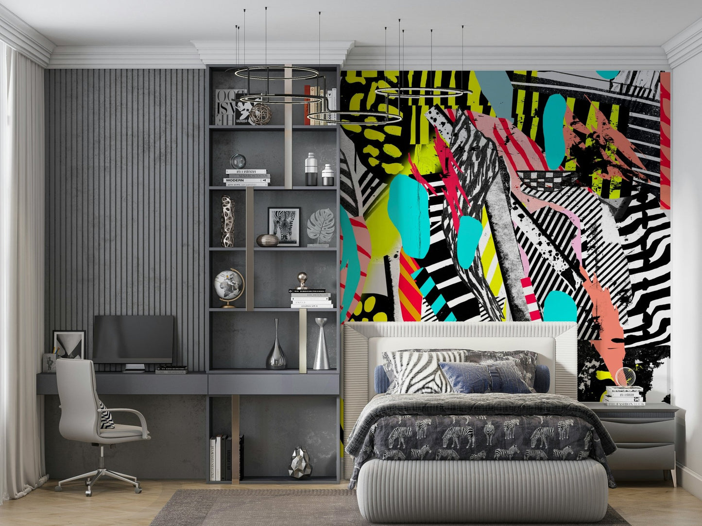 A peaceful modern abstract mural on decorative wallpaper.