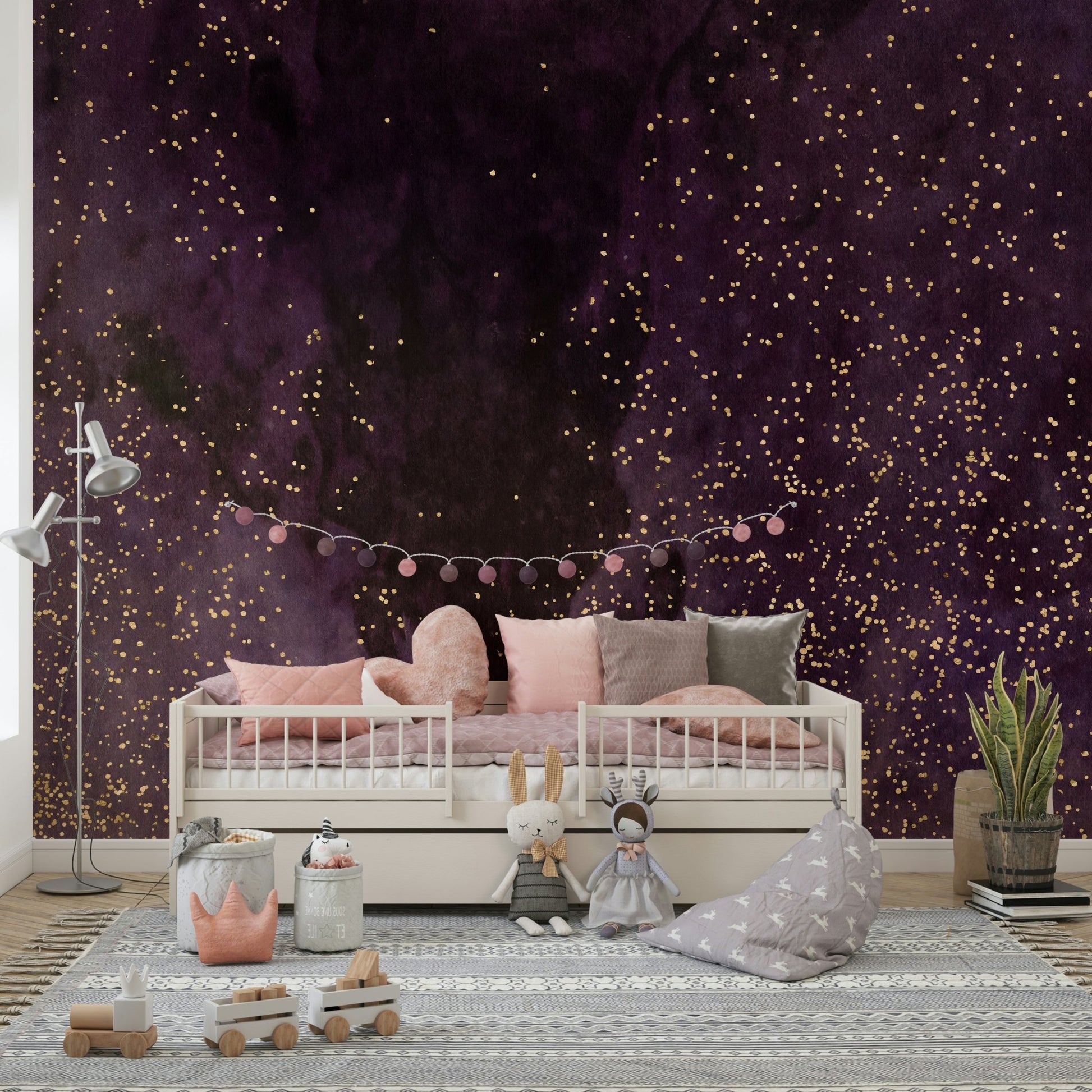 A beautiful abstract galaxy wallpaper mural with deep aubergine, purple, and cosmic tones.