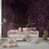 A beautiful abstract galaxy wallpaper mural with deep aubergine, purple, and cosmic tones.