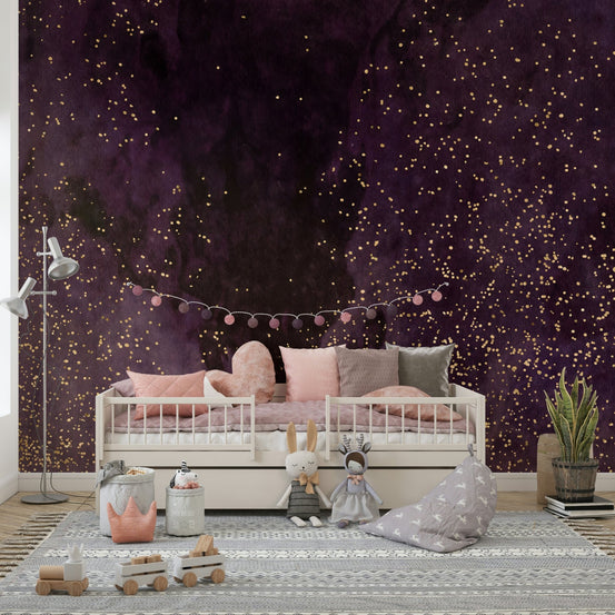 A beautiful abstract galaxy wallpaper mural with deep aubergine, purple, and cosmic tones., GD5997