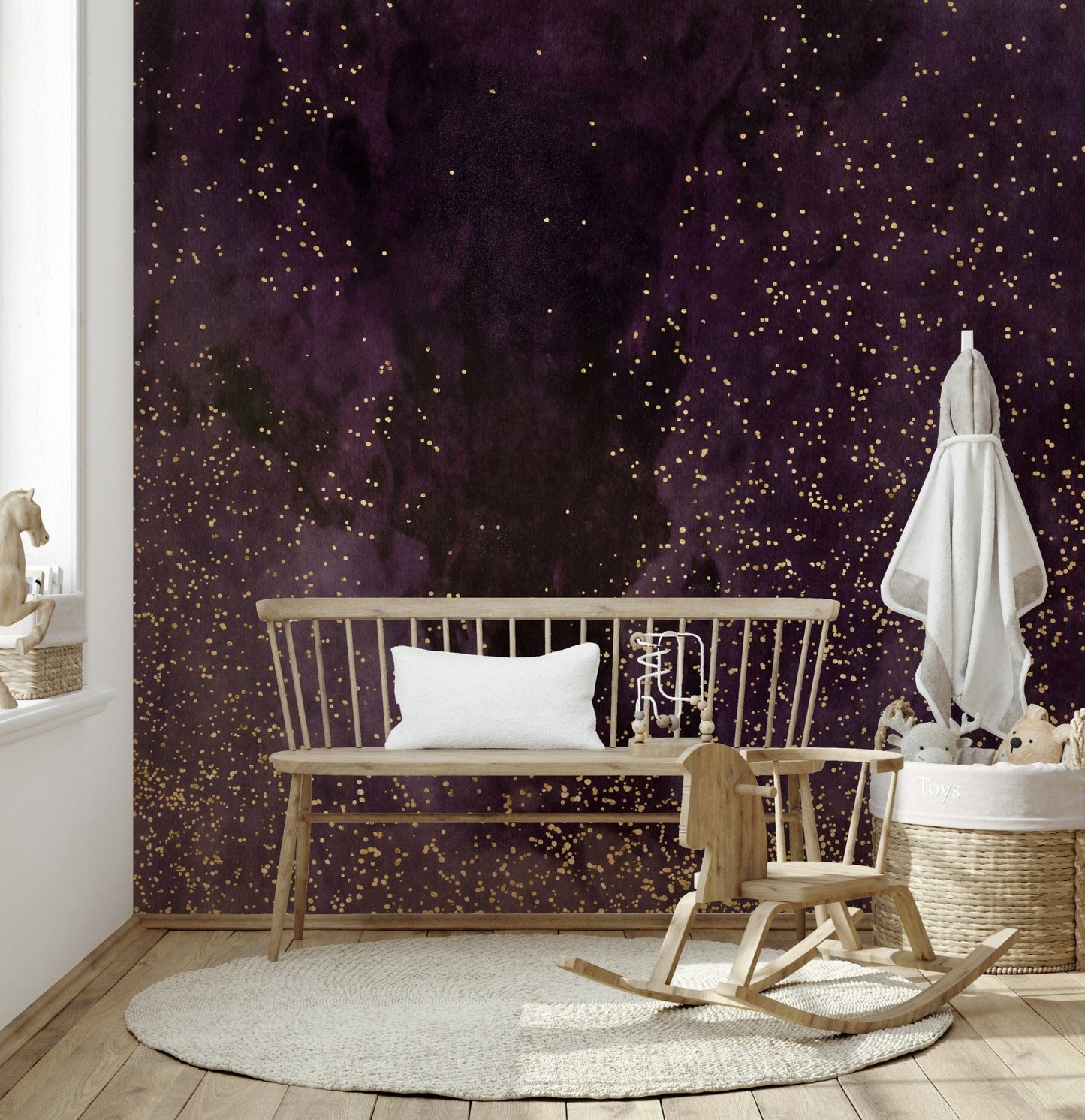 A peaceful cosmic abstract mural on decorative wallpaper.