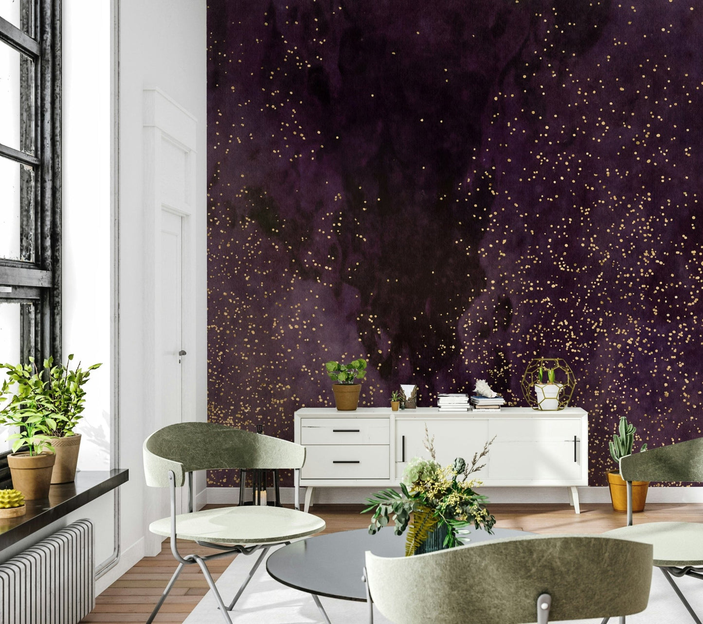 A calming abstract design wallpaper mural that defines a space.