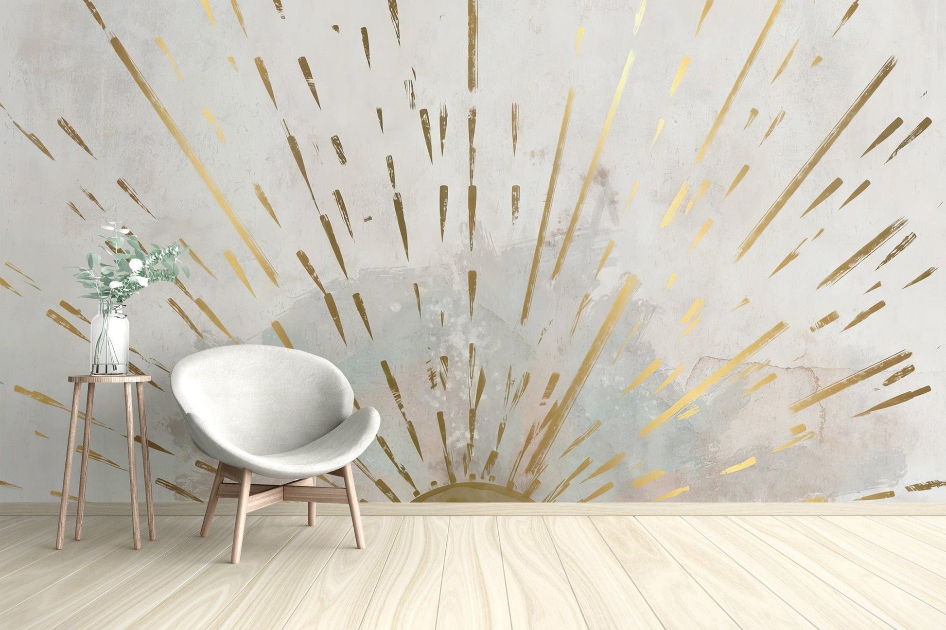 Aurora Gleam wallpaper in the living room with gold accents, C340