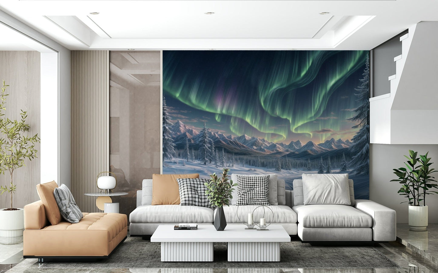 Detailed winter landscape wall mural with a glowing sky in a home office.