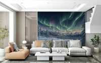 Detailed winter landscape wall mural with a glowing sky in a home office.