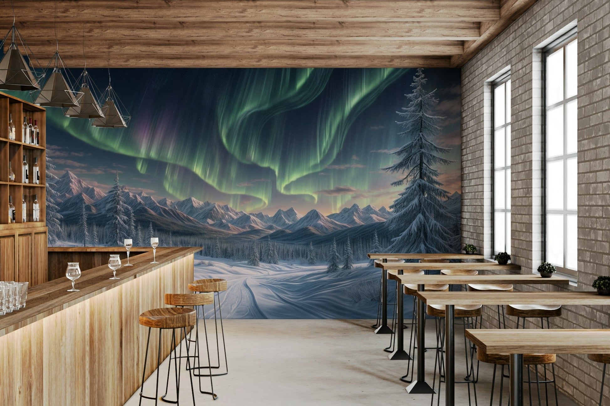 Aurora's Winter Dance wall mural for a quiet reading nook or study space.