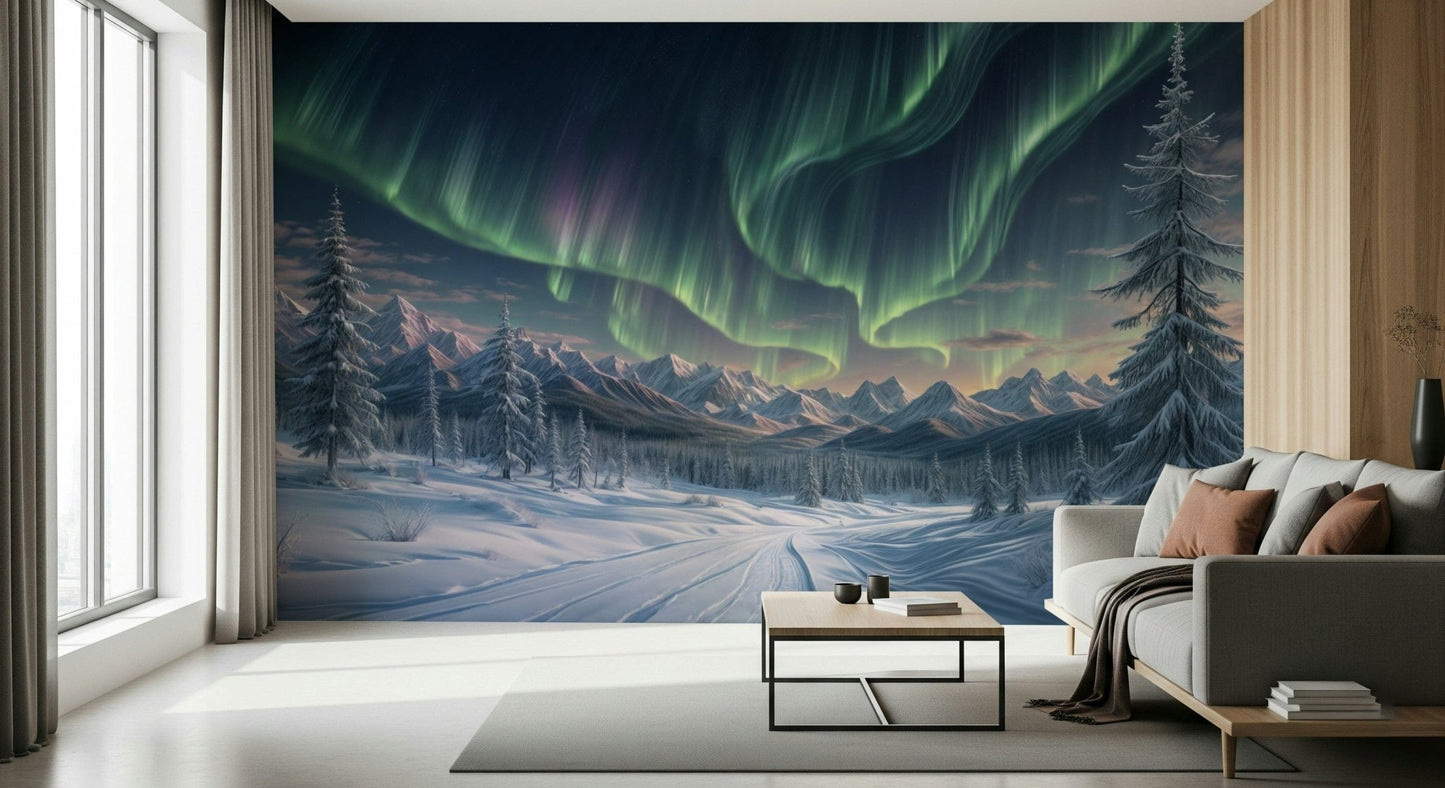 Soft green and blue toned nature wallpaper mural for a dining space wall.