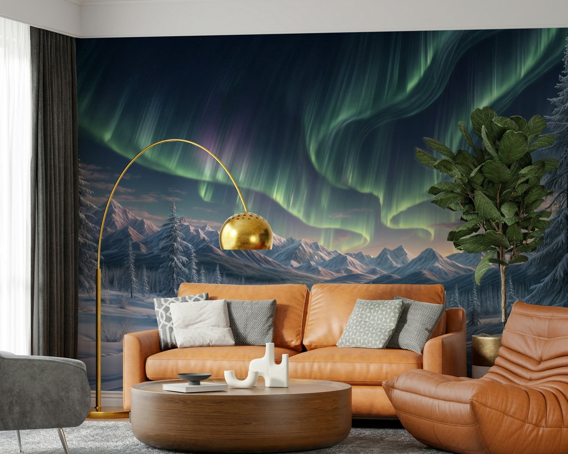 Minimalist snowy forest wall mural with northern lights in a modern apartment.