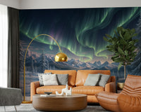 Minimalist snowy forest wall mural with northern lights in a modern apartment.