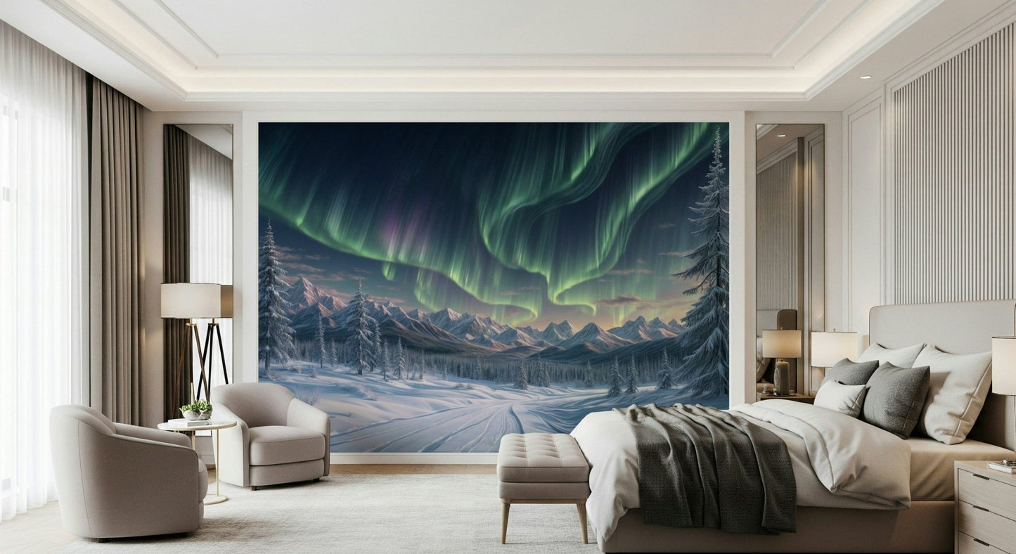 Night sky wallpaper featuring the aurora borealis for a peaceful bedroom wall.