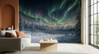 Aurora's Winter Dance Wall Mural with green northern lights in a living room.