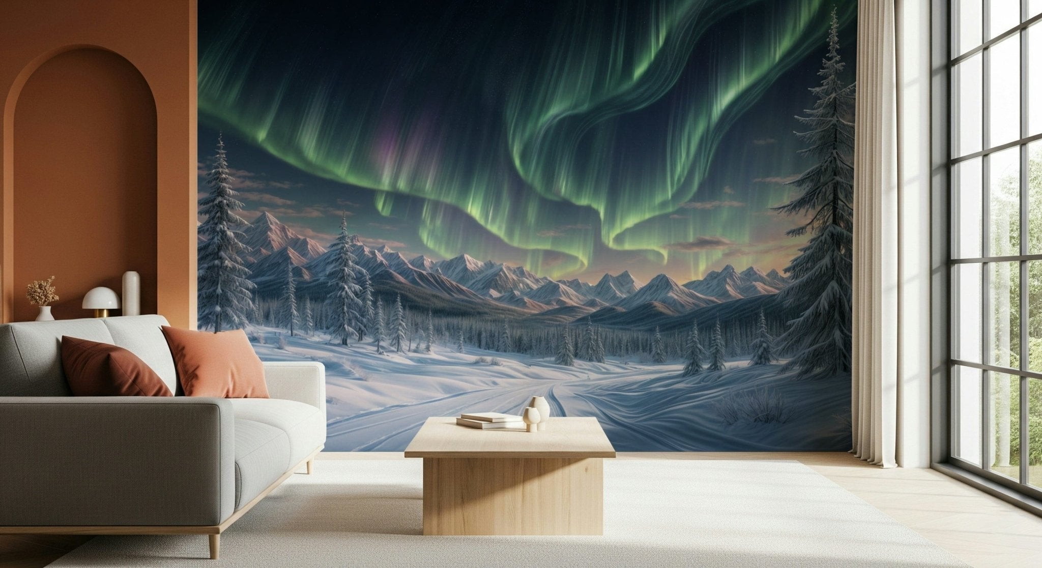 Aurora's Winter Dance Wall Mural with green northern lights in a living room.