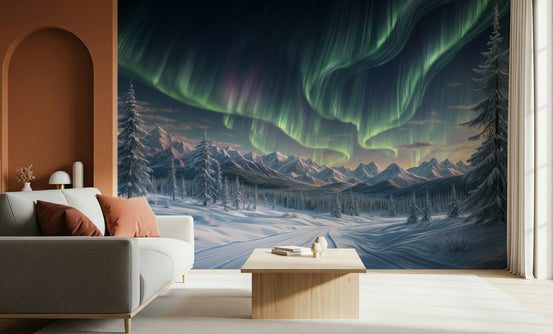 Aurora's Winter Dance Wall Mural with green northern lights in a living room., GD3693